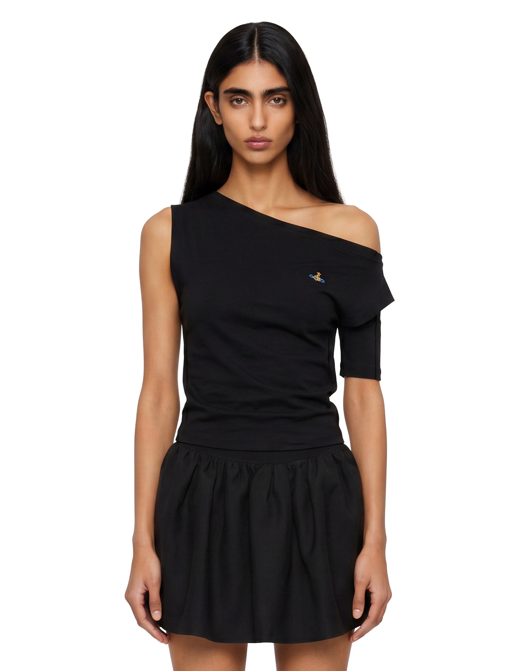 Top asimmetrico con logo in nero 