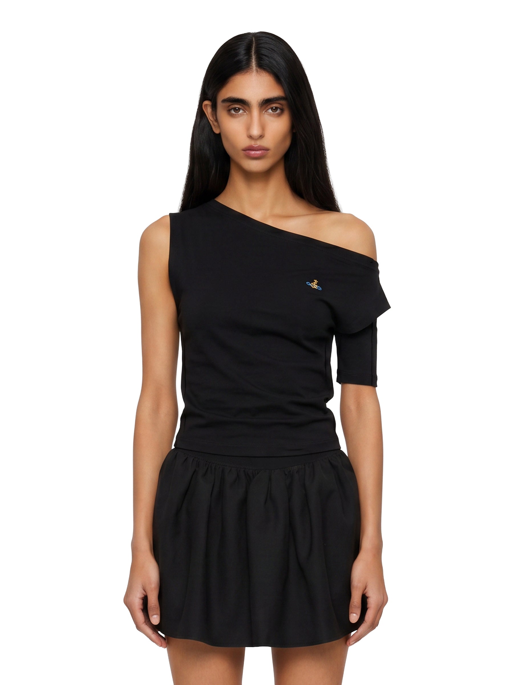 Top asimmetrico con logo in nero 
