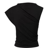 Top asimmetrico con logo in nero 
