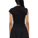 Top asimmetrico con logo in nero 
