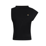Top asimmetrico con logo in nero 