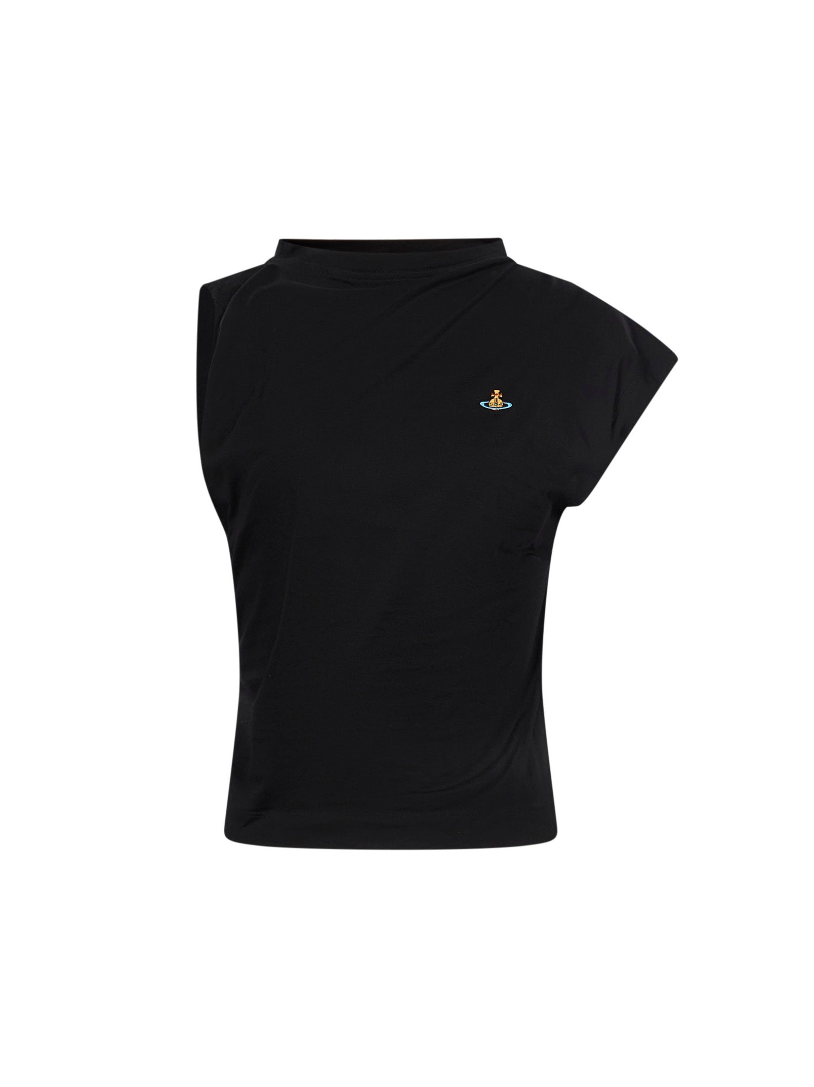 Top asimmetrico con logo in nero 