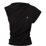 Top asimmetrico con logo in nero 
