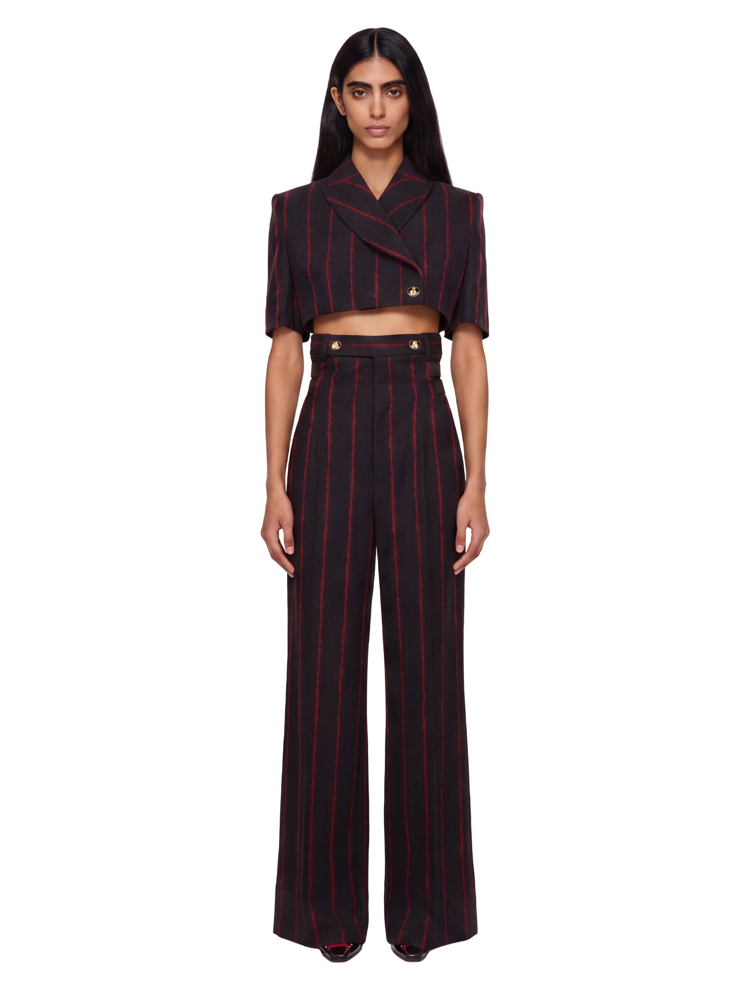 Pantaloni a vita alta Lauren a righe in grigio e rosso 