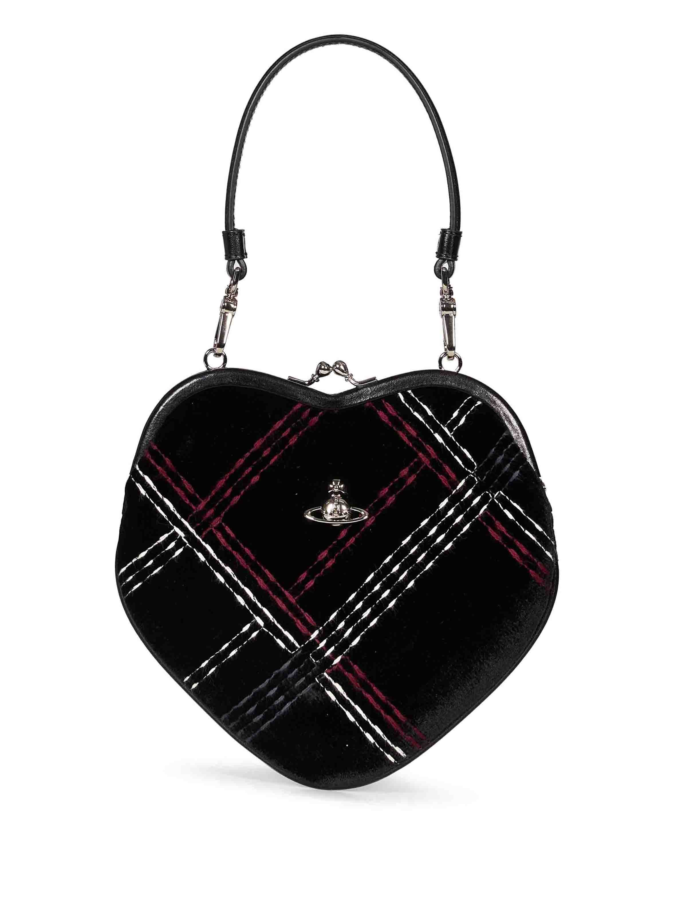 Borsa Belle a cuore in velluto a quadri nero multicolor 