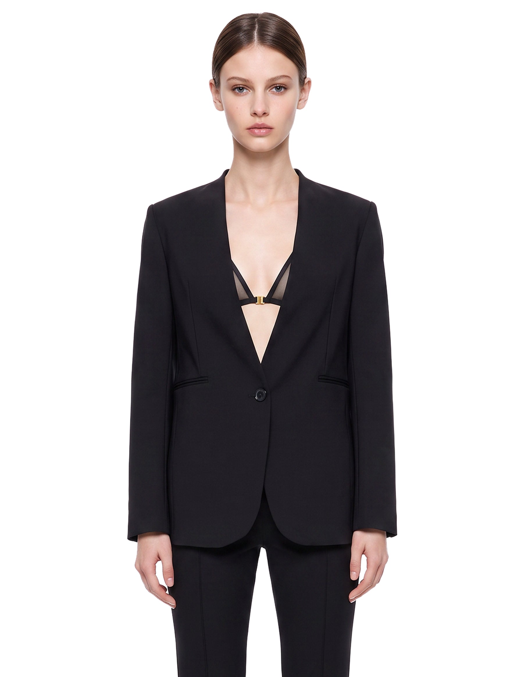 Blazer con scollo a V in tessuto tecnico Scuba in nero 