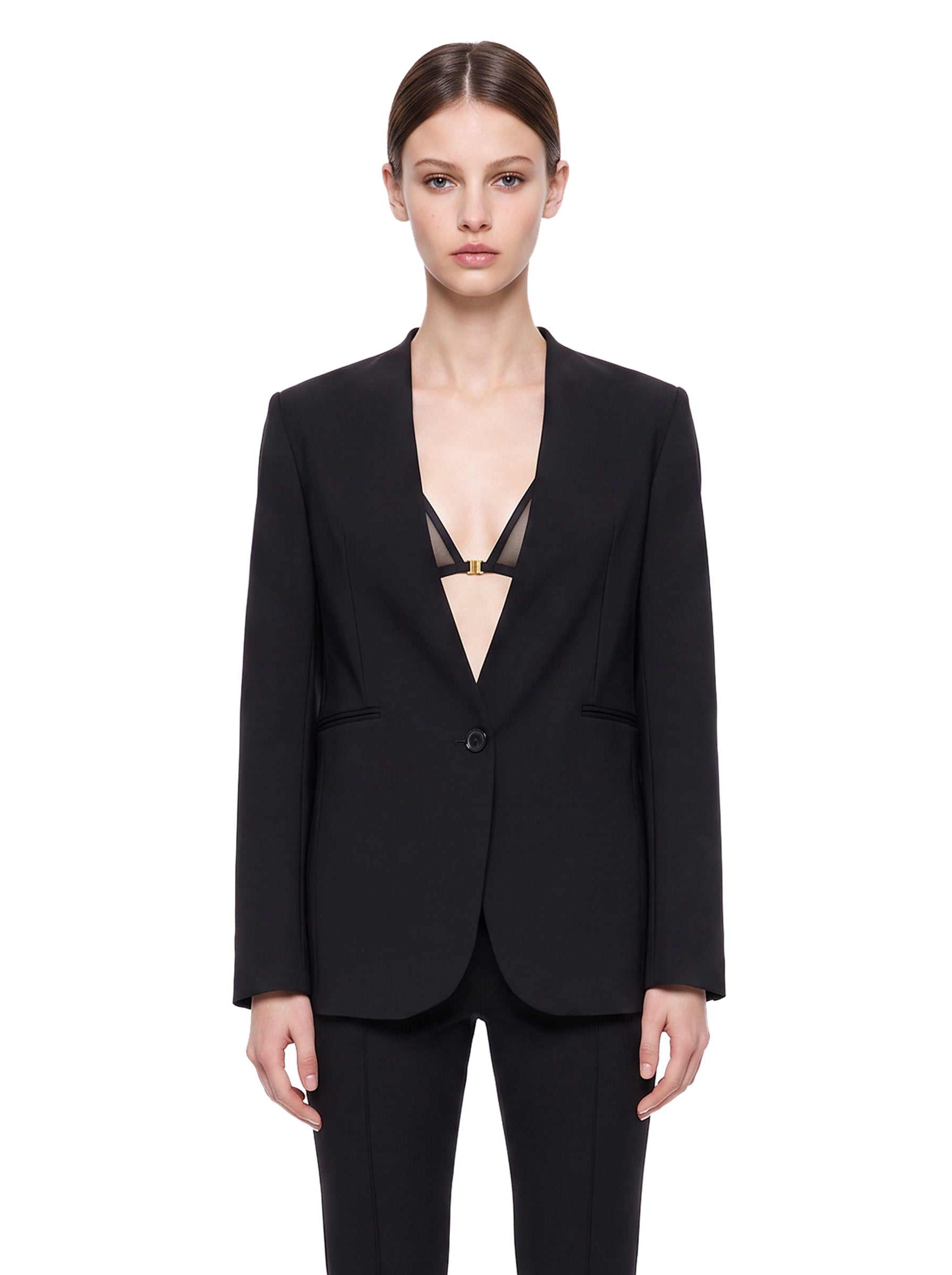 Blazer con scollo a V in tessuto tecnico Scuba in nero 