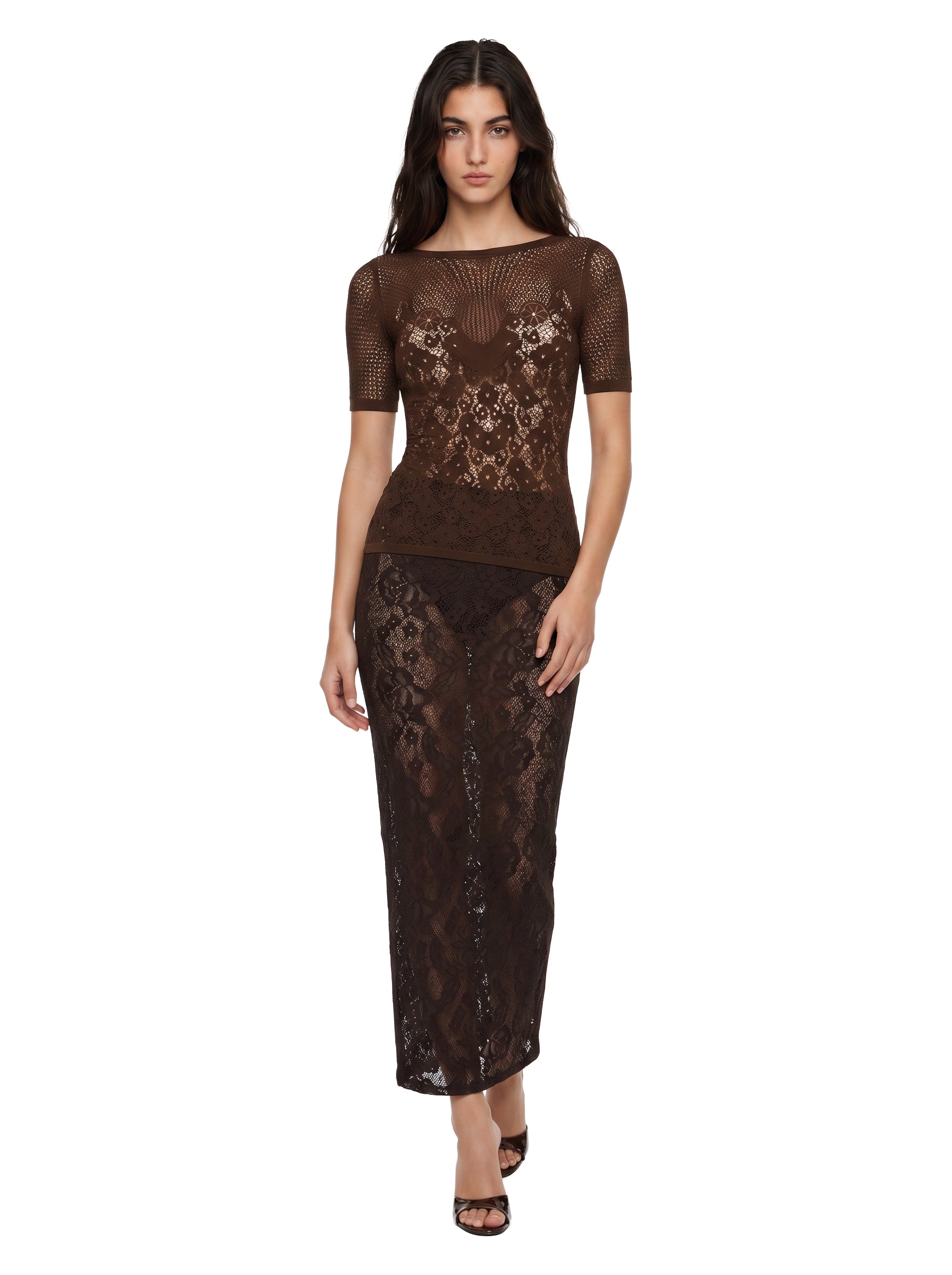 Gonna midi in pizzo Infinite Rose in marrone 