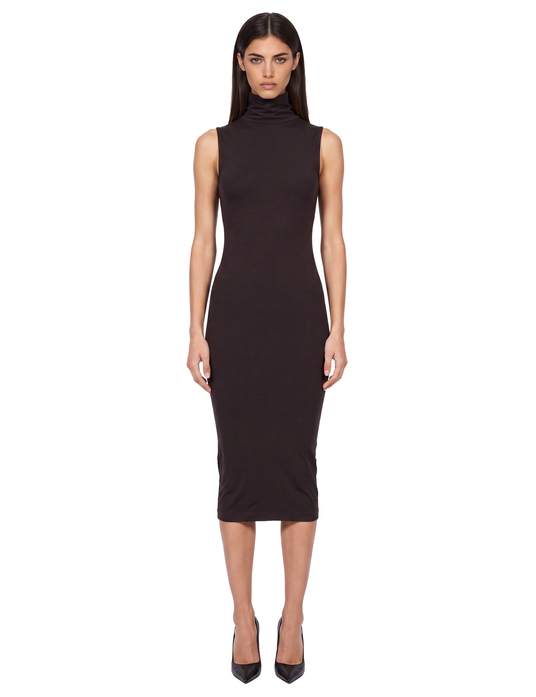 Abito midi smanicato in lana in marrone 