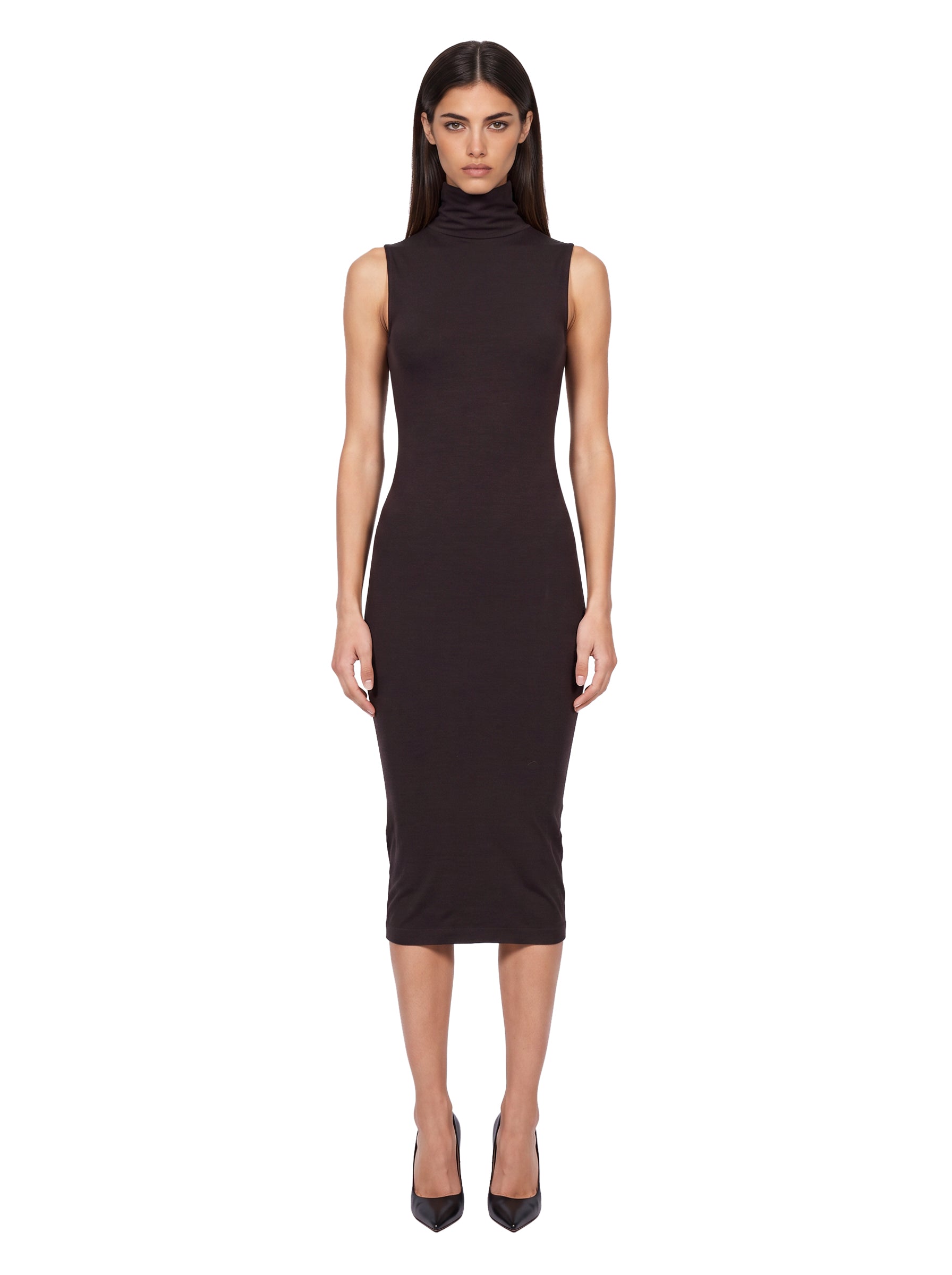 Abito midi smanicato in lana in marrone 