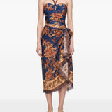 Gonna midi in seta navy/jade 