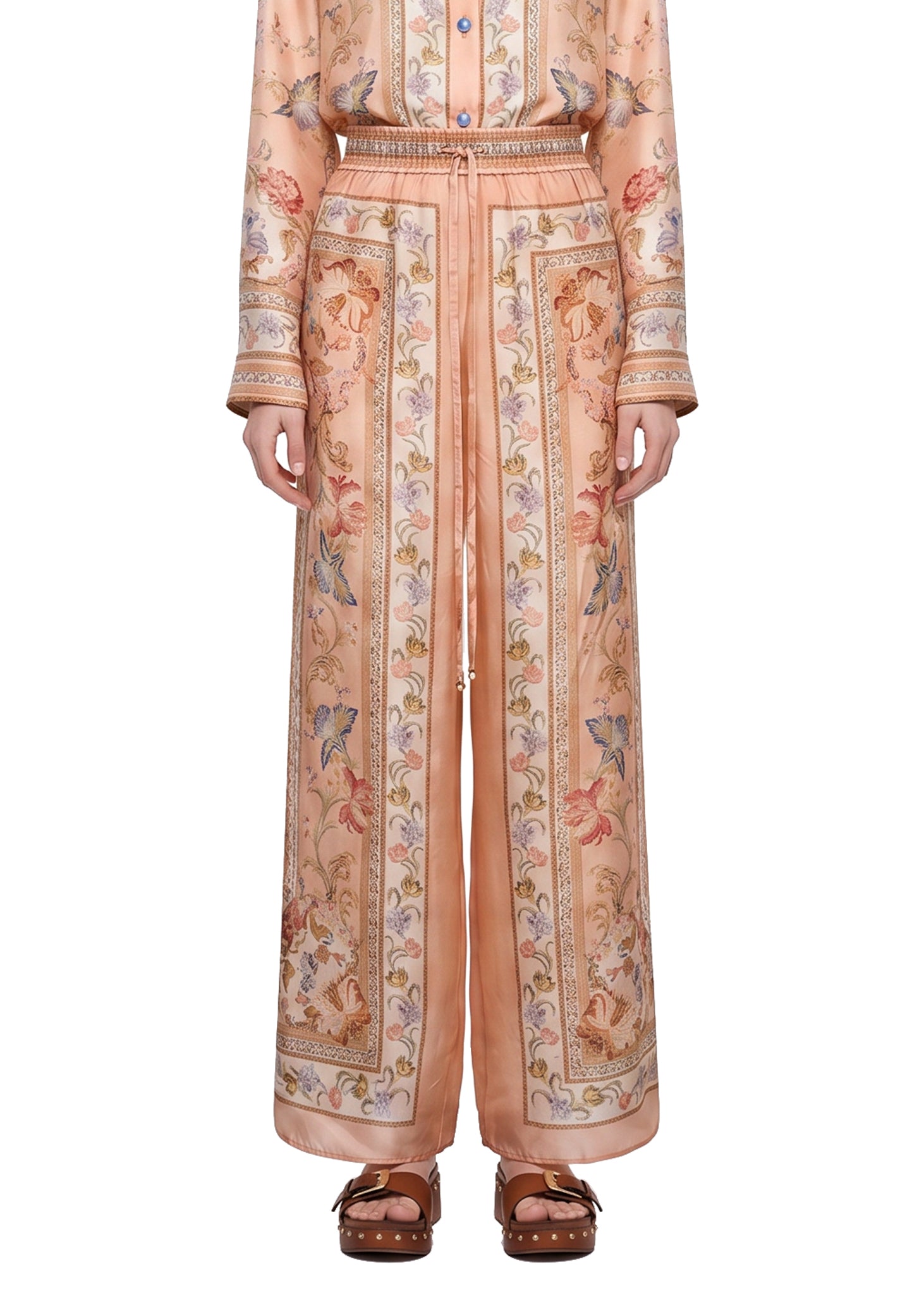 Pantaloni Roselight in seta floreale rosa 