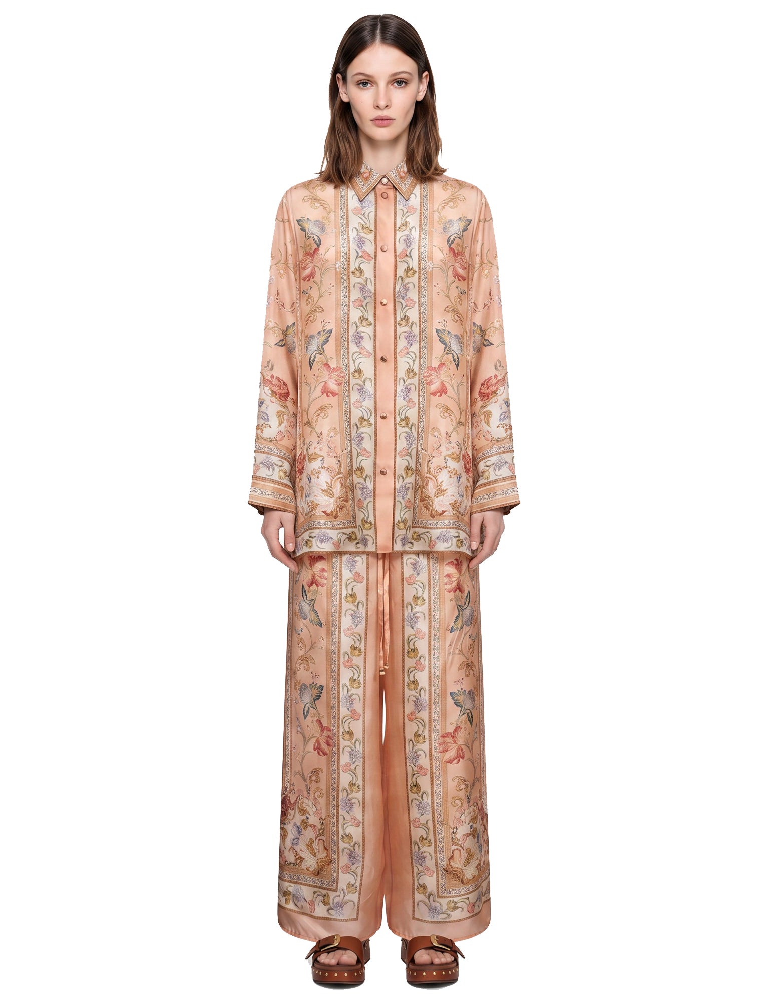 Pantaloni Roselight in seta floreale rosa 