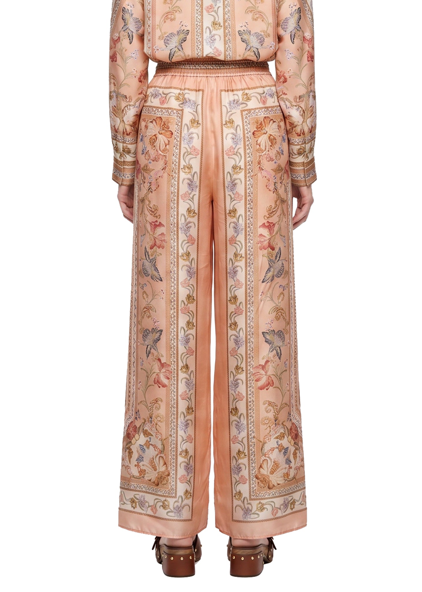 Pantaloni Roselight in seta floreale rosa 
