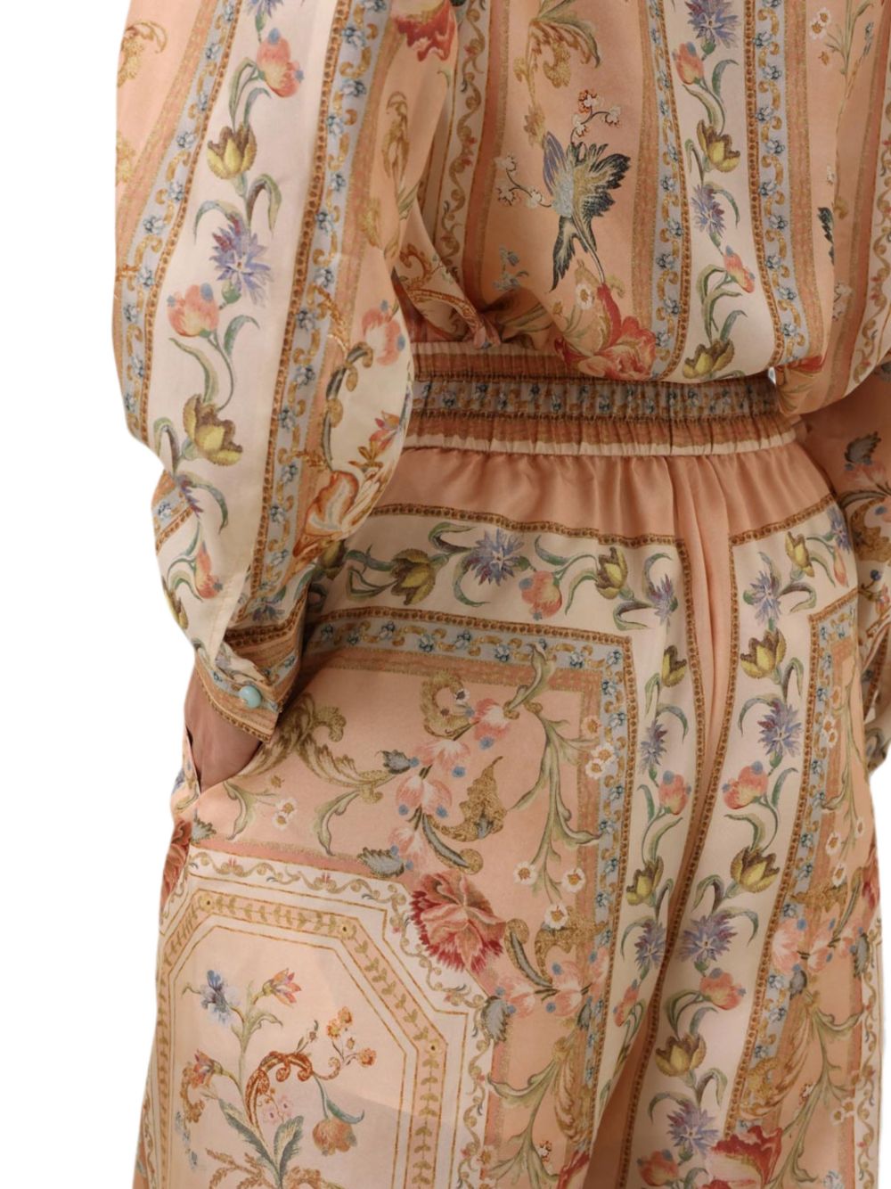 Pantaloni Roselight in seta floreale rosa 