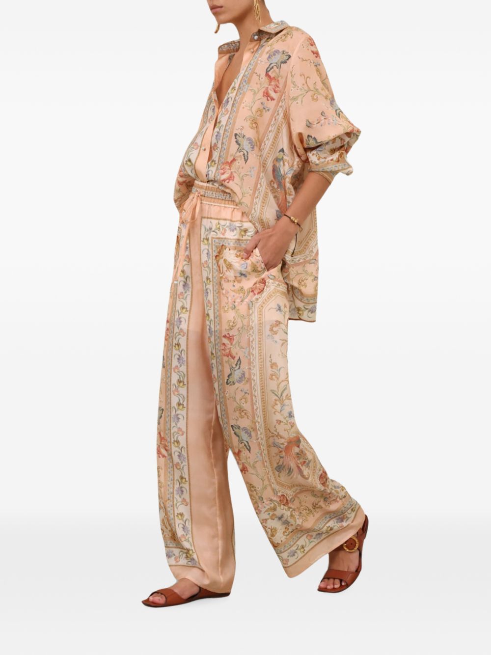 Pantaloni Roselight in seta floreale rosa 