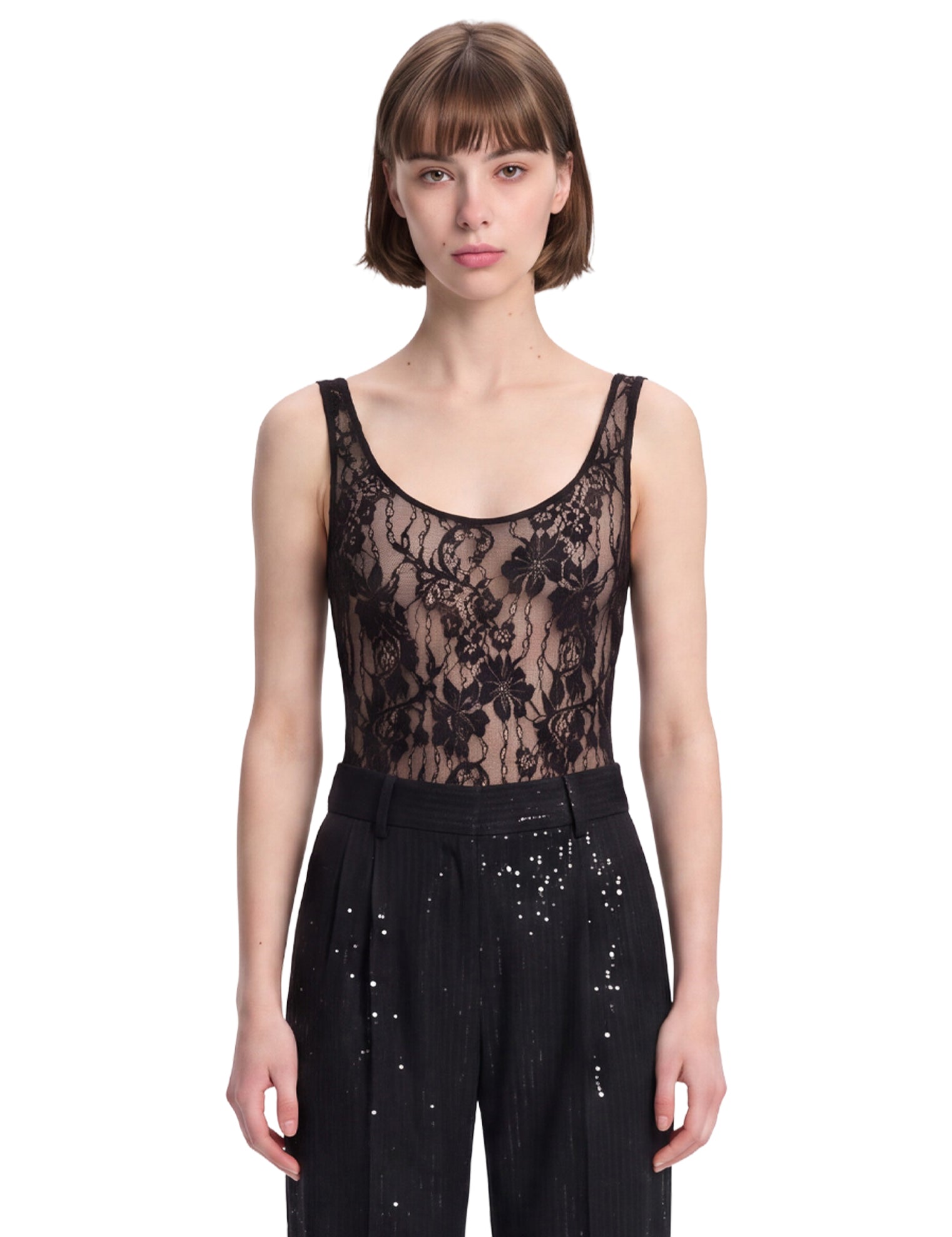 Body in pizzo con scollo rotondo in nero 