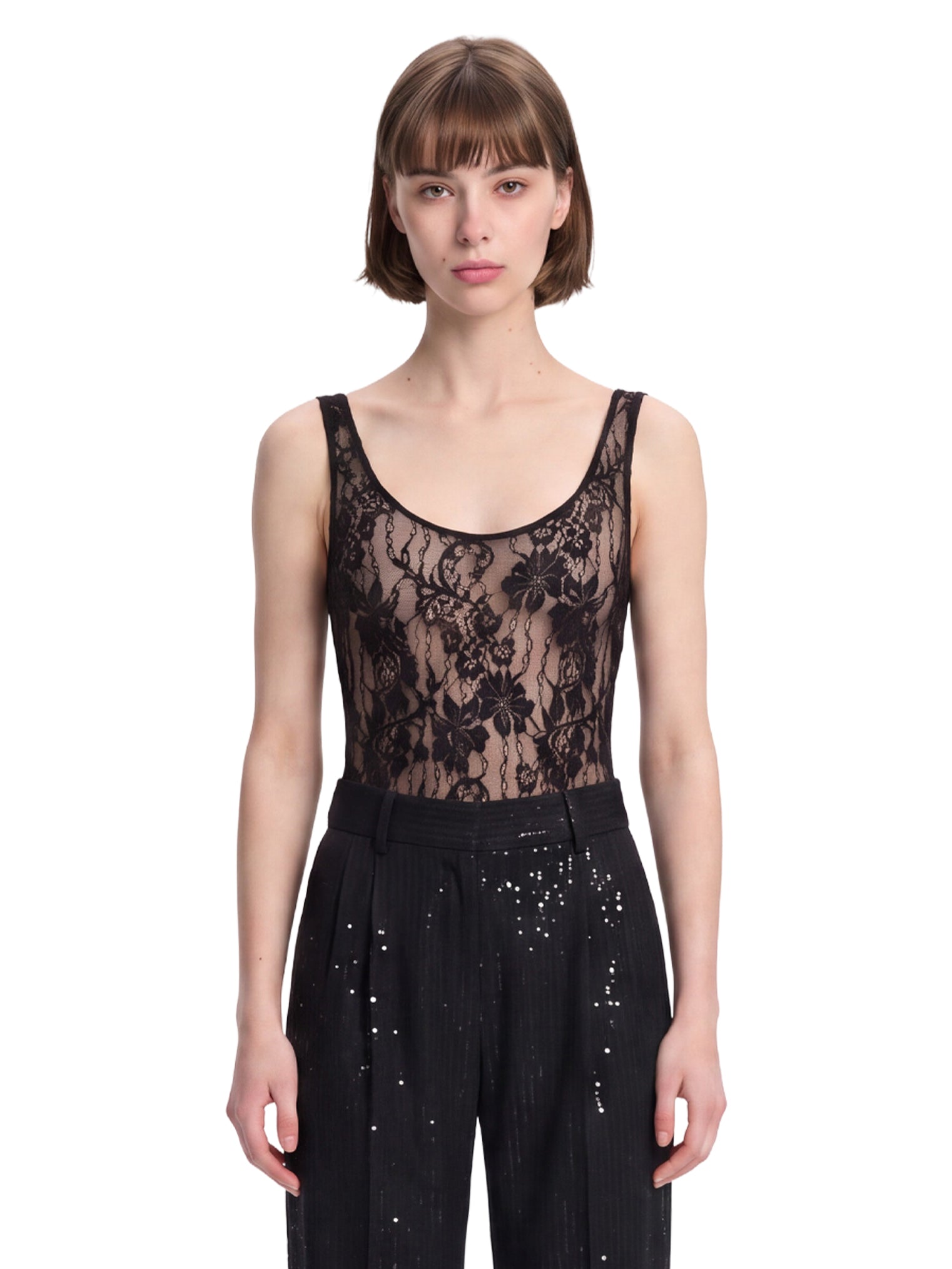 Body in pizzo con scollo rotondo in nero 