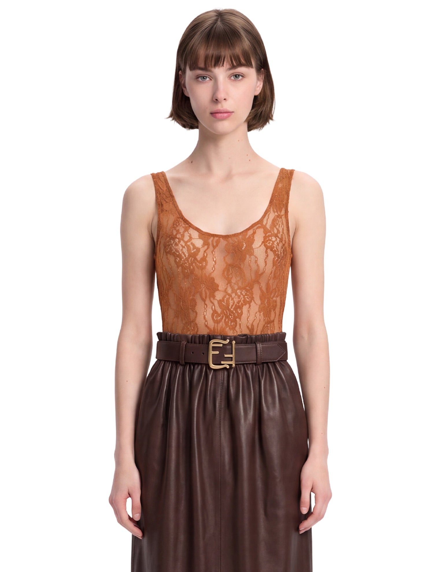 Body in pizzo con scollo rotondo in marrone 