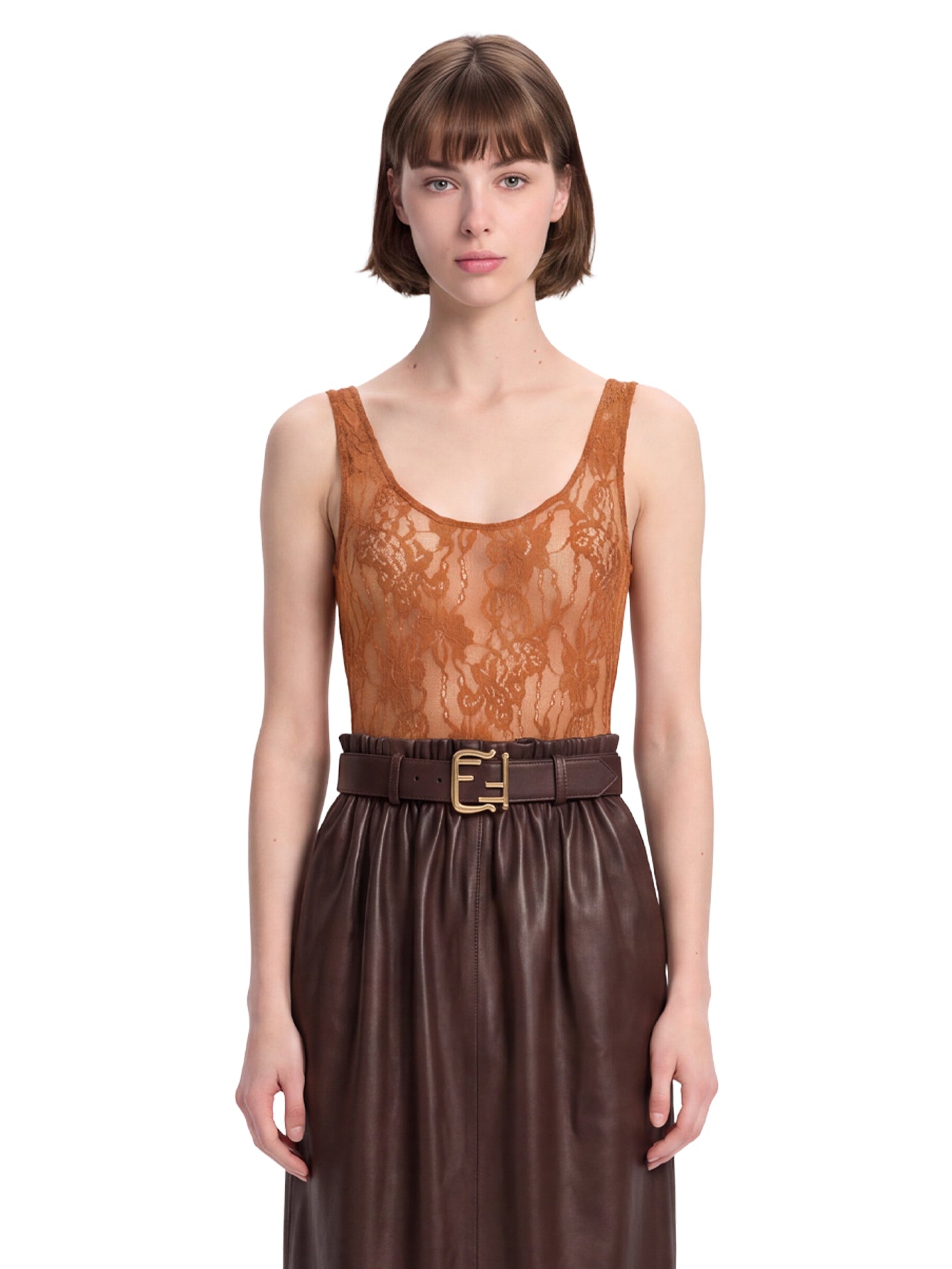Body in pizzo con scollo rotondo in marrone 