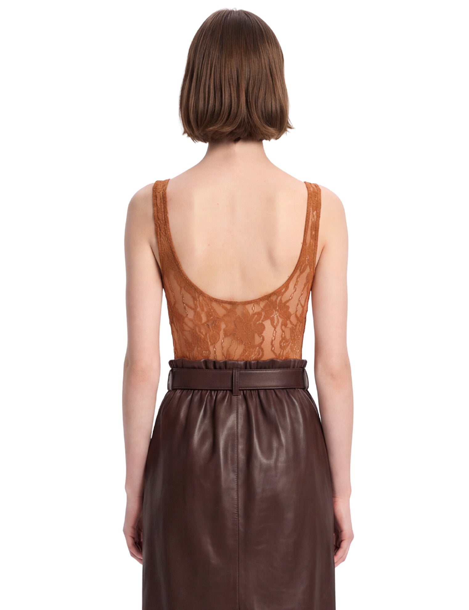 Body in pizzo con scollo rotondo in marrone 