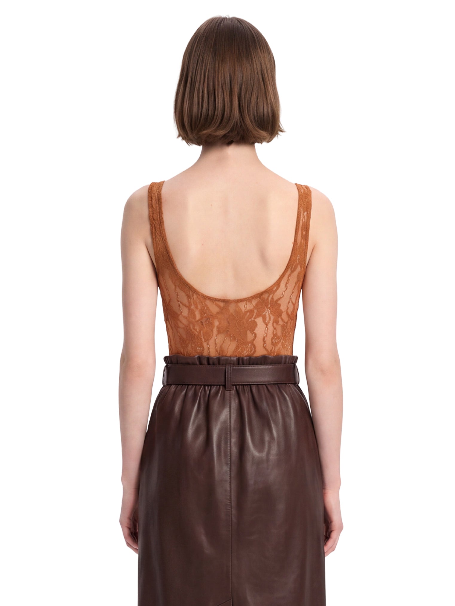 Body in pizzo con scollo rotondo in marrone 