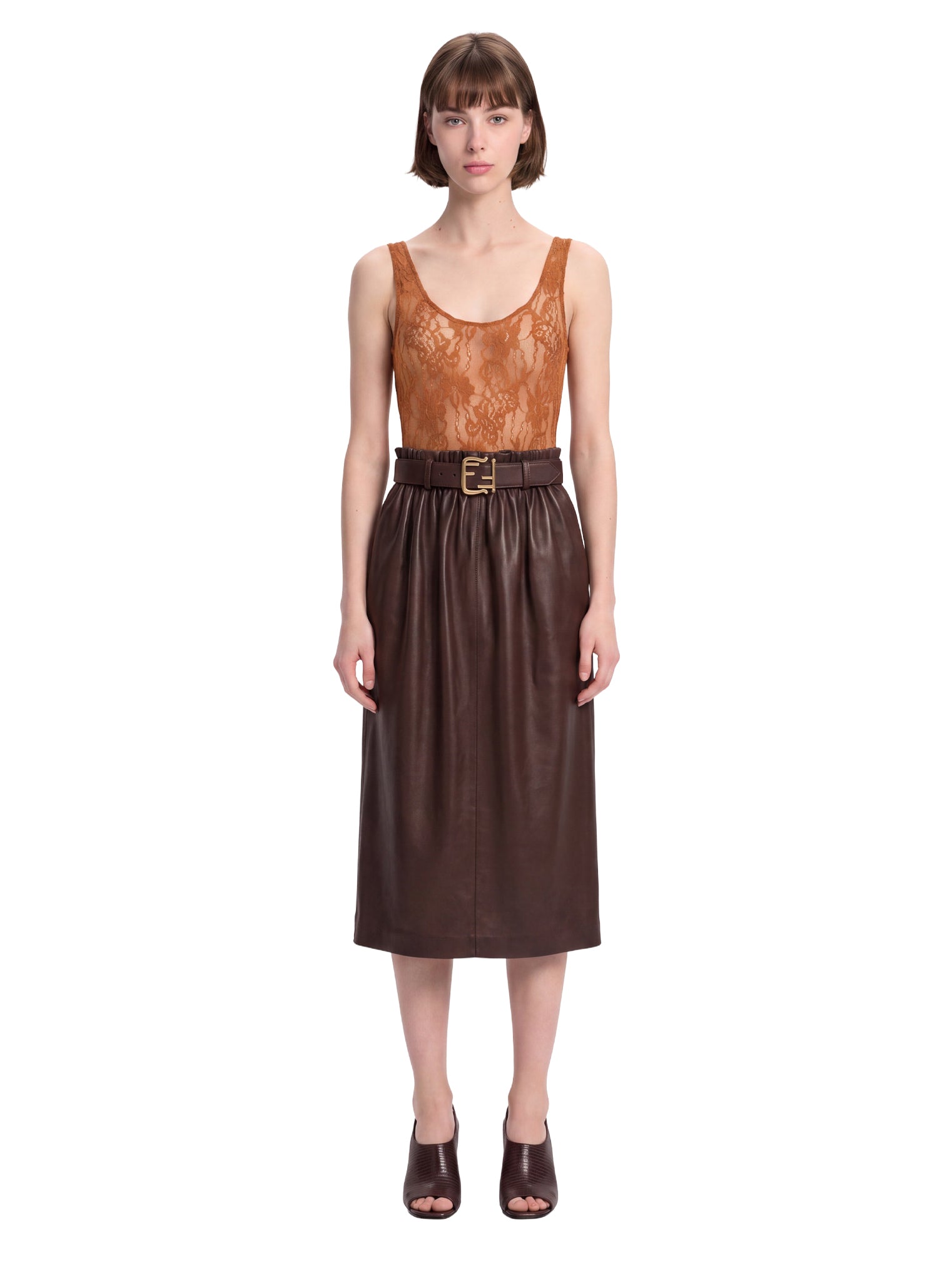 Body in pizzo con scollo rotondo in marrone 