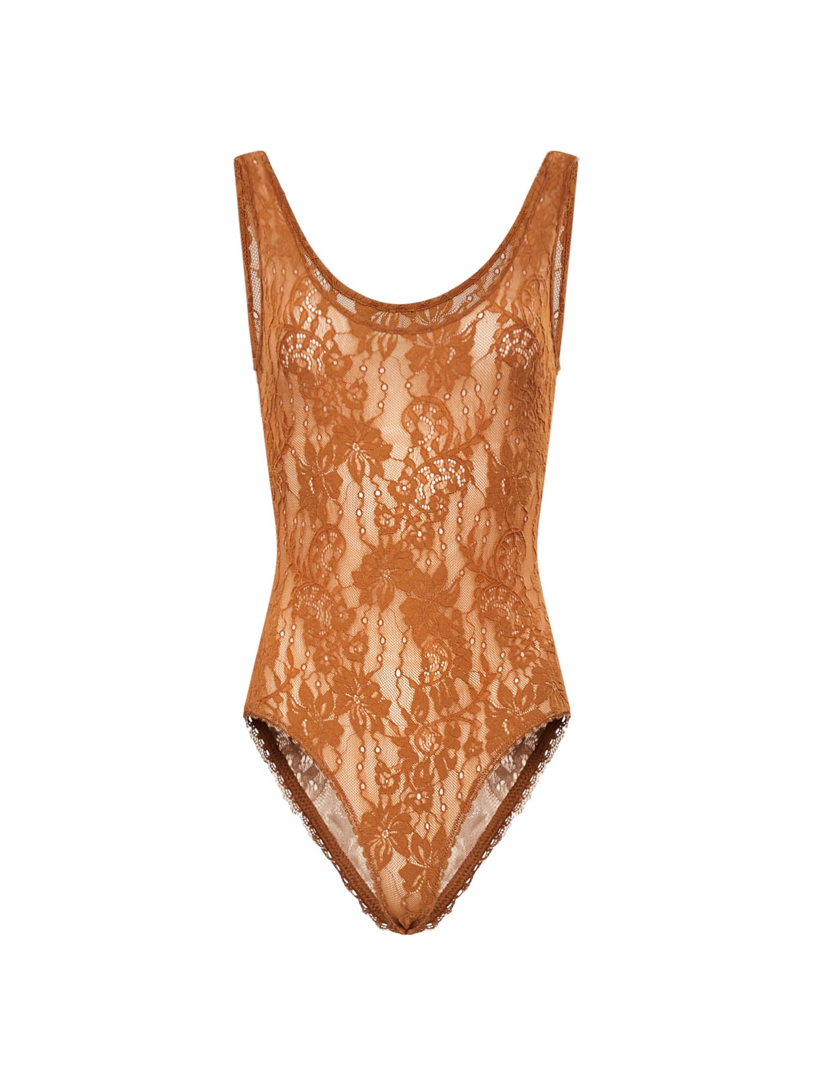 Body in pizzo con scollo rotondo in marrone 