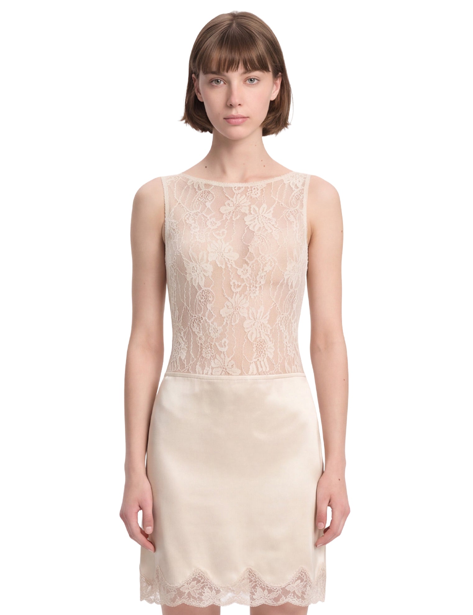 Body in pizzo con scollo rotondo in beige 