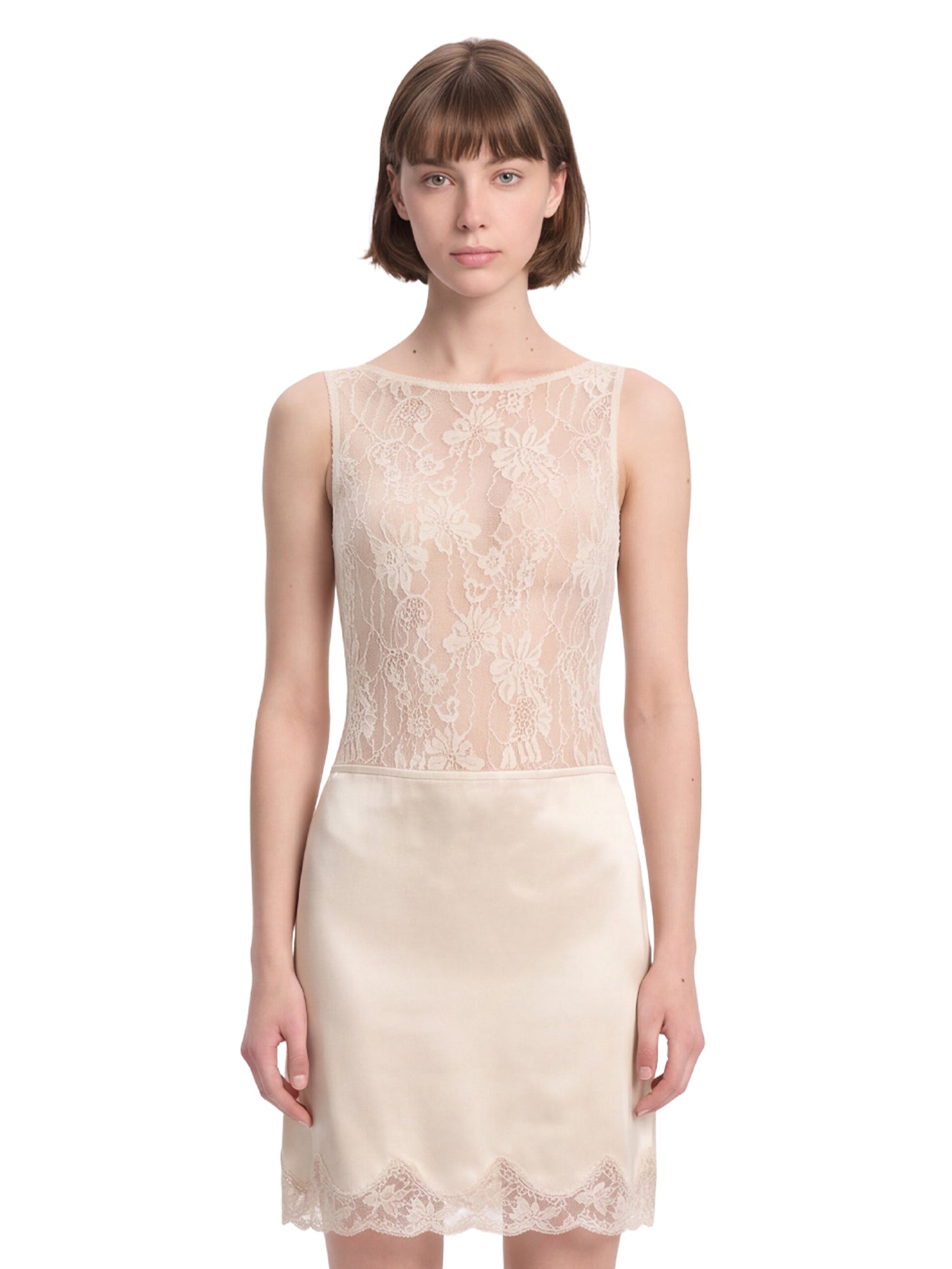 Body in pizzo con scollo rotondo in beige 