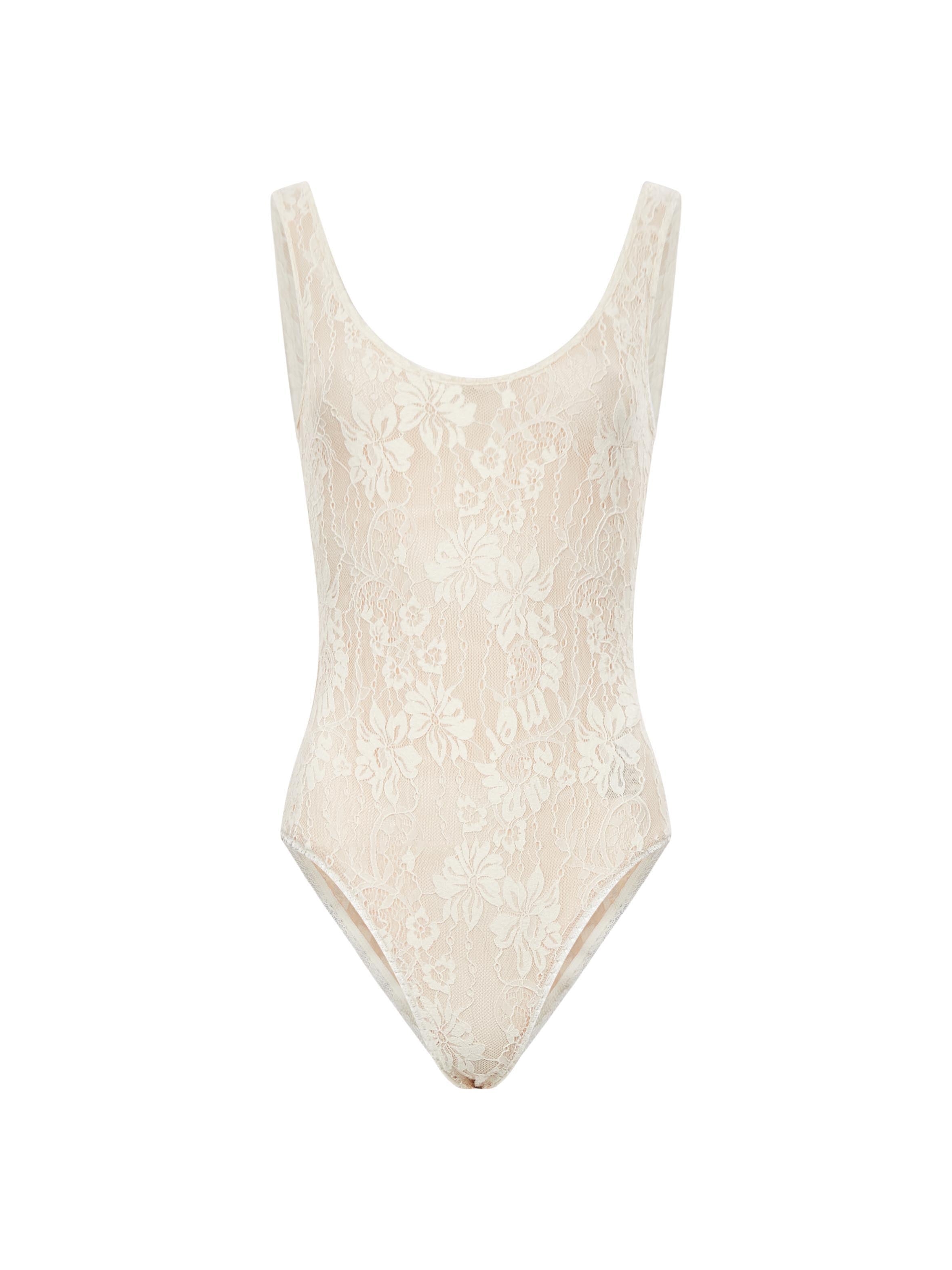 Body in pizzo con scollo rotondo in beige 