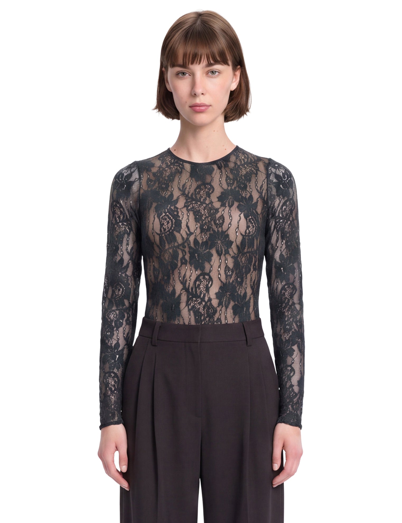 Body in pizzo con scollo rotondo in nero 