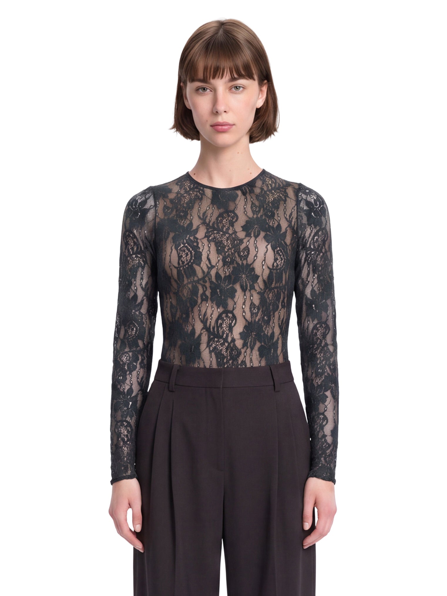 Body in pizzo con scollo rotondo in nero 