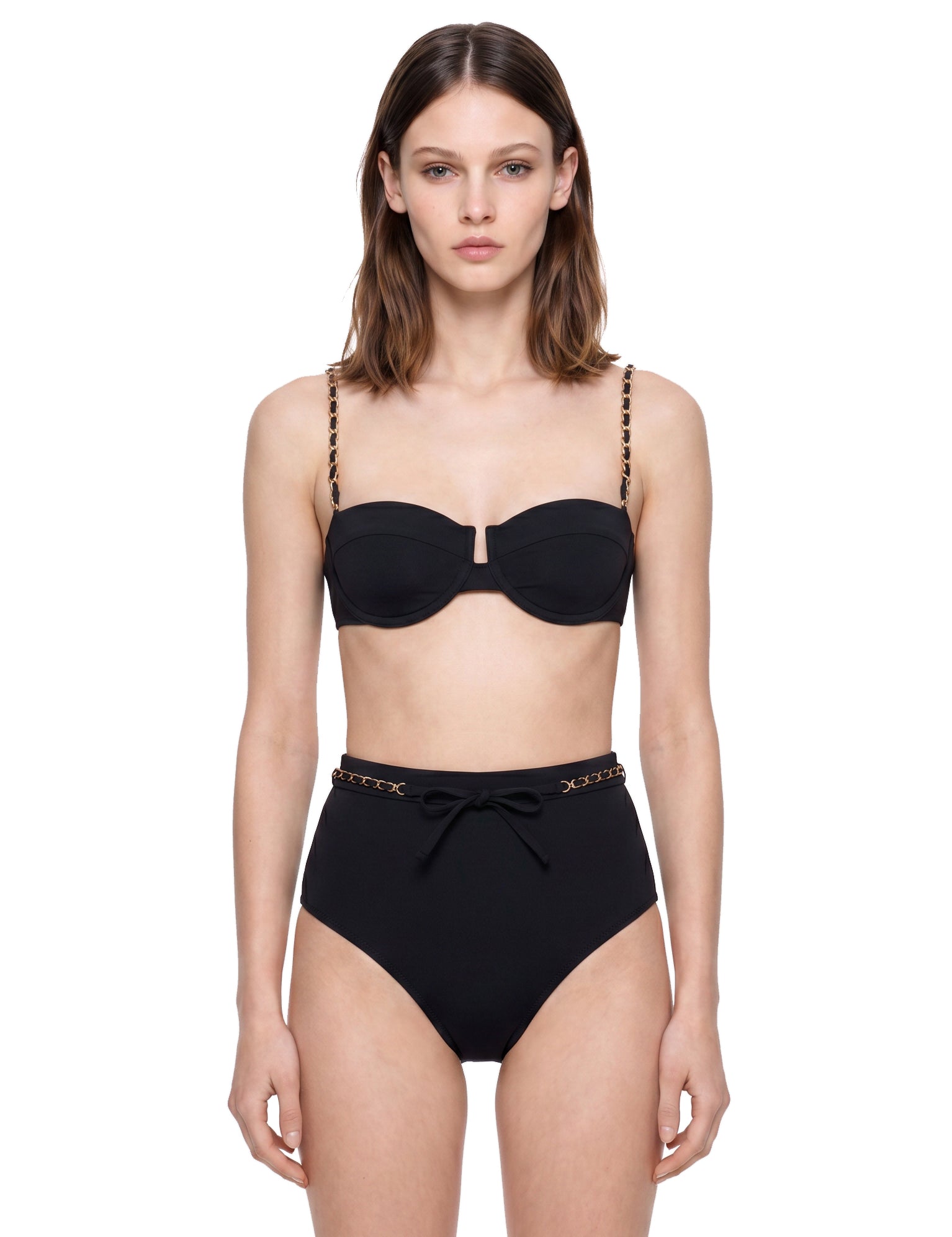 Top bikini roselight con dettagtlio a catena in nero 