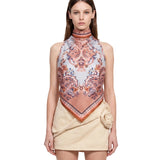 Top in seta stampa floreale blu 