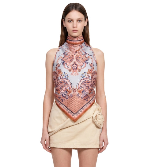 Top in seta stampa floreale blu 
