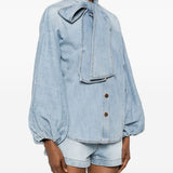 Camicia denim Indra con fiocco in azzurro 