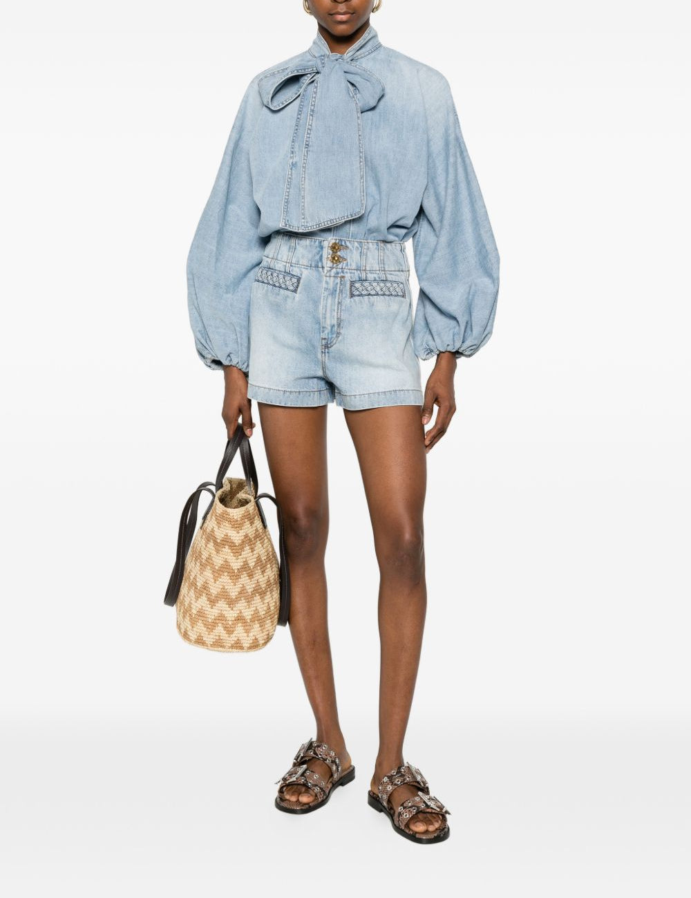 Camicia denim Indra con fiocco in azzurro 