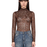 Body a maniche lunghe in pizzo marrone 