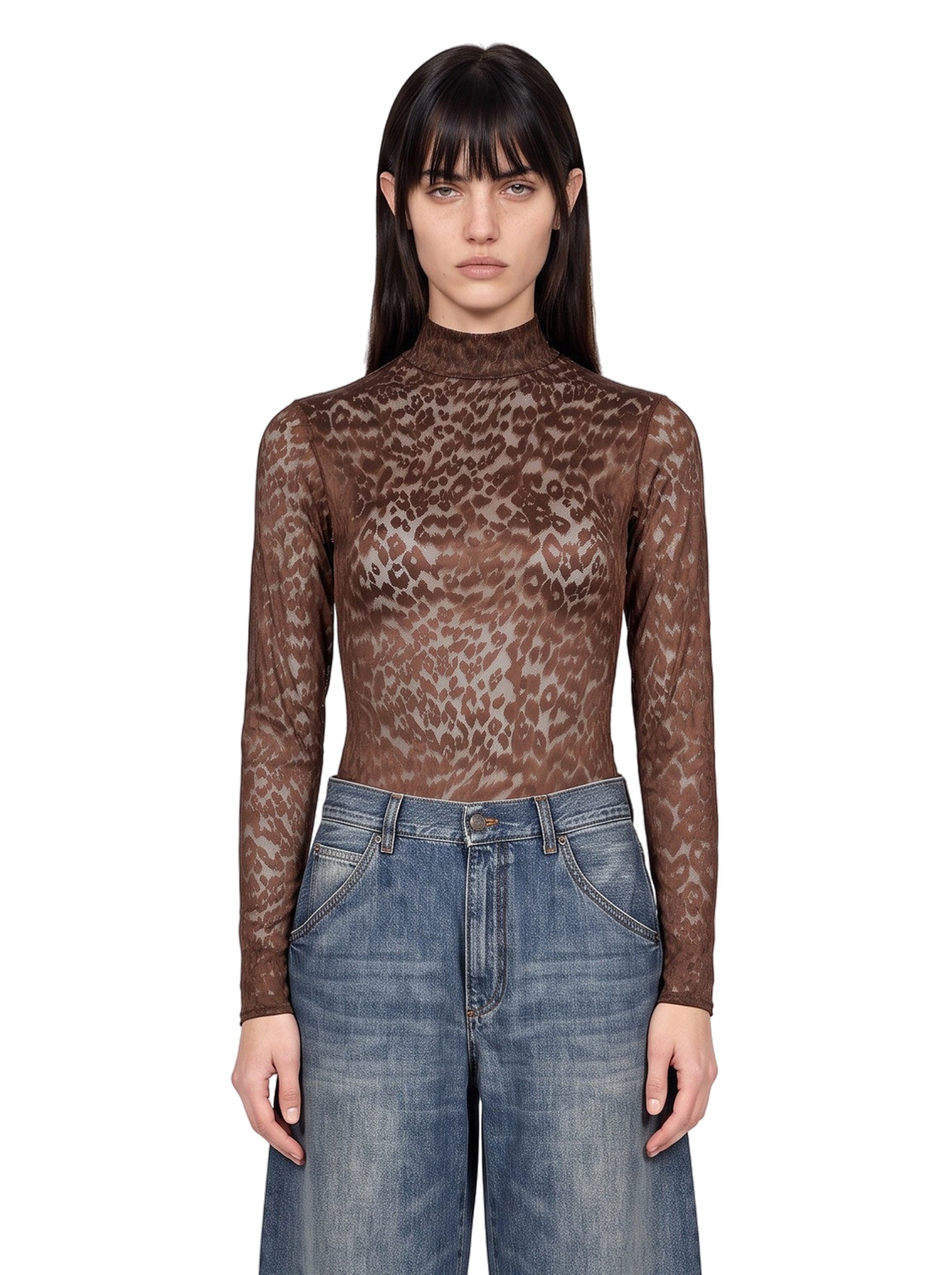 Body a maniche lunghe in pizzo marrone 