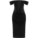 Abito midi con spalle scoperte in nero<BR/> 