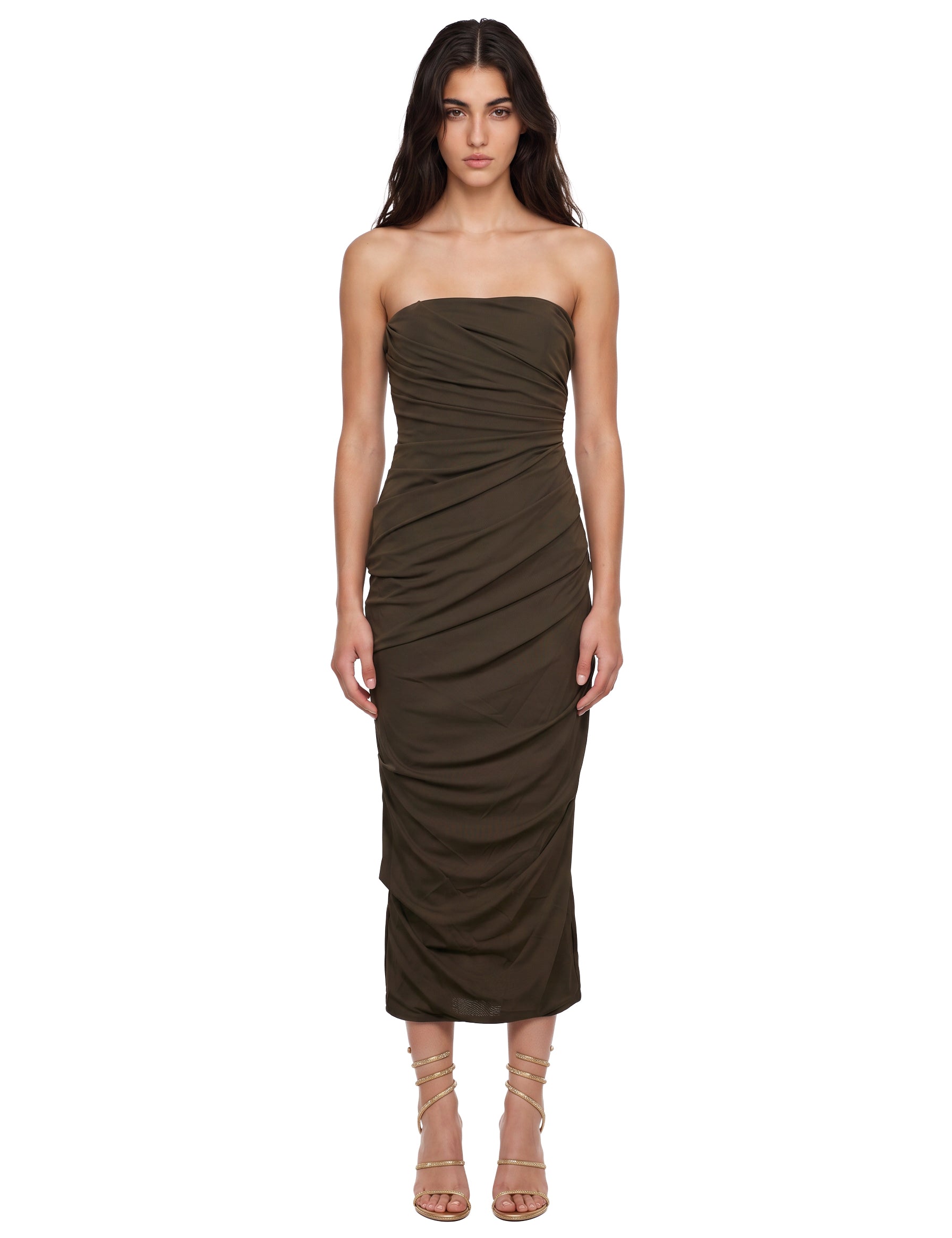 Abito midi con scollo dritto in marrone 