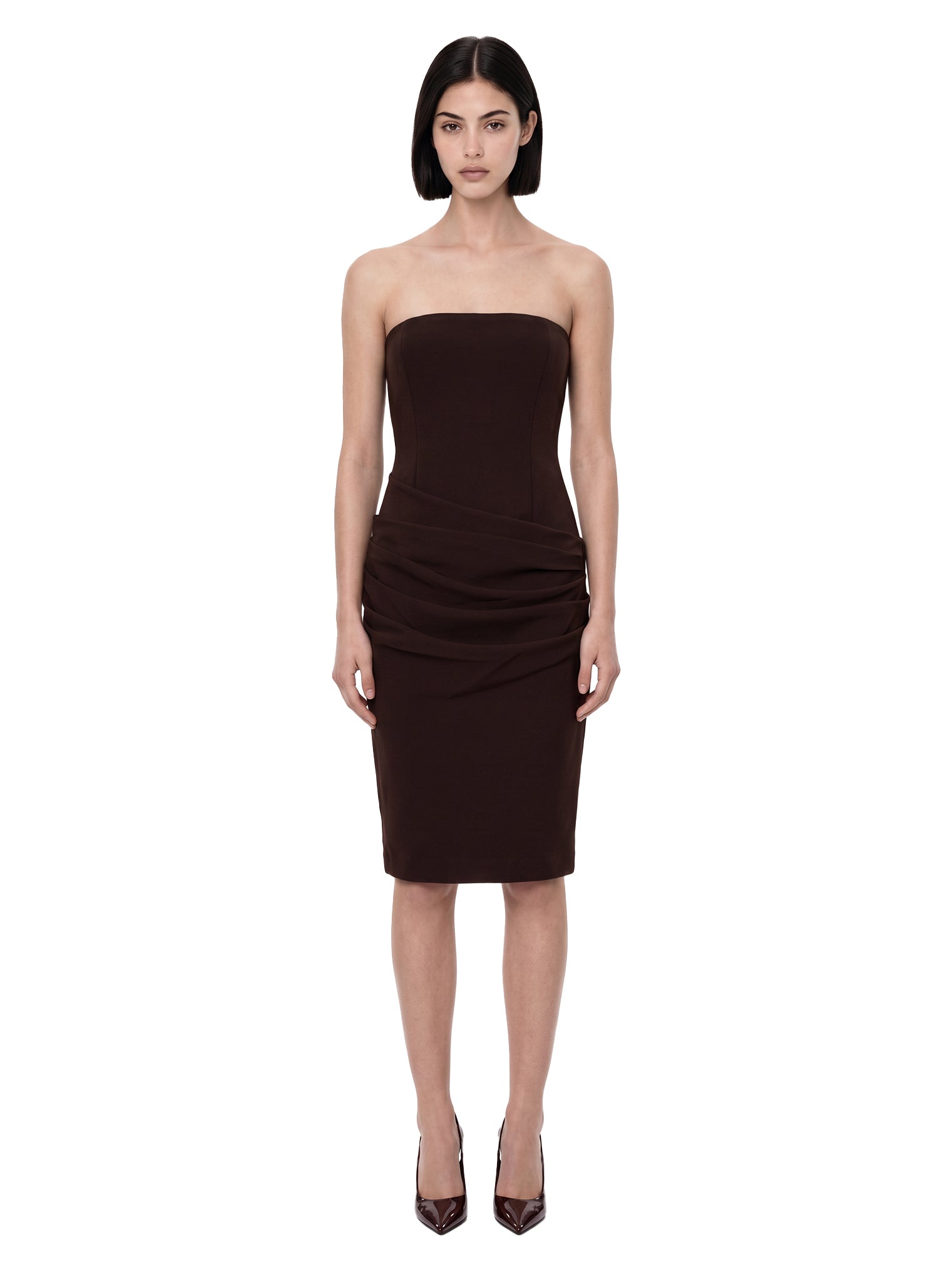 Abito midi con drappeggio in marrone 