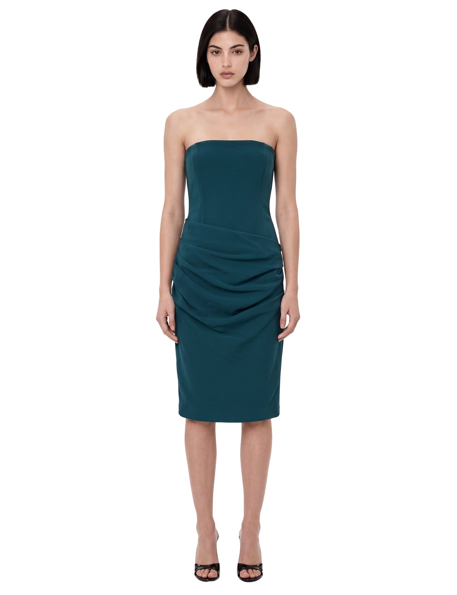 Abito midi con drappeggio in verde petrolio 