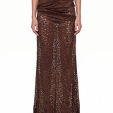 Gonna drappeggiata in pizzo leopardato marrone 