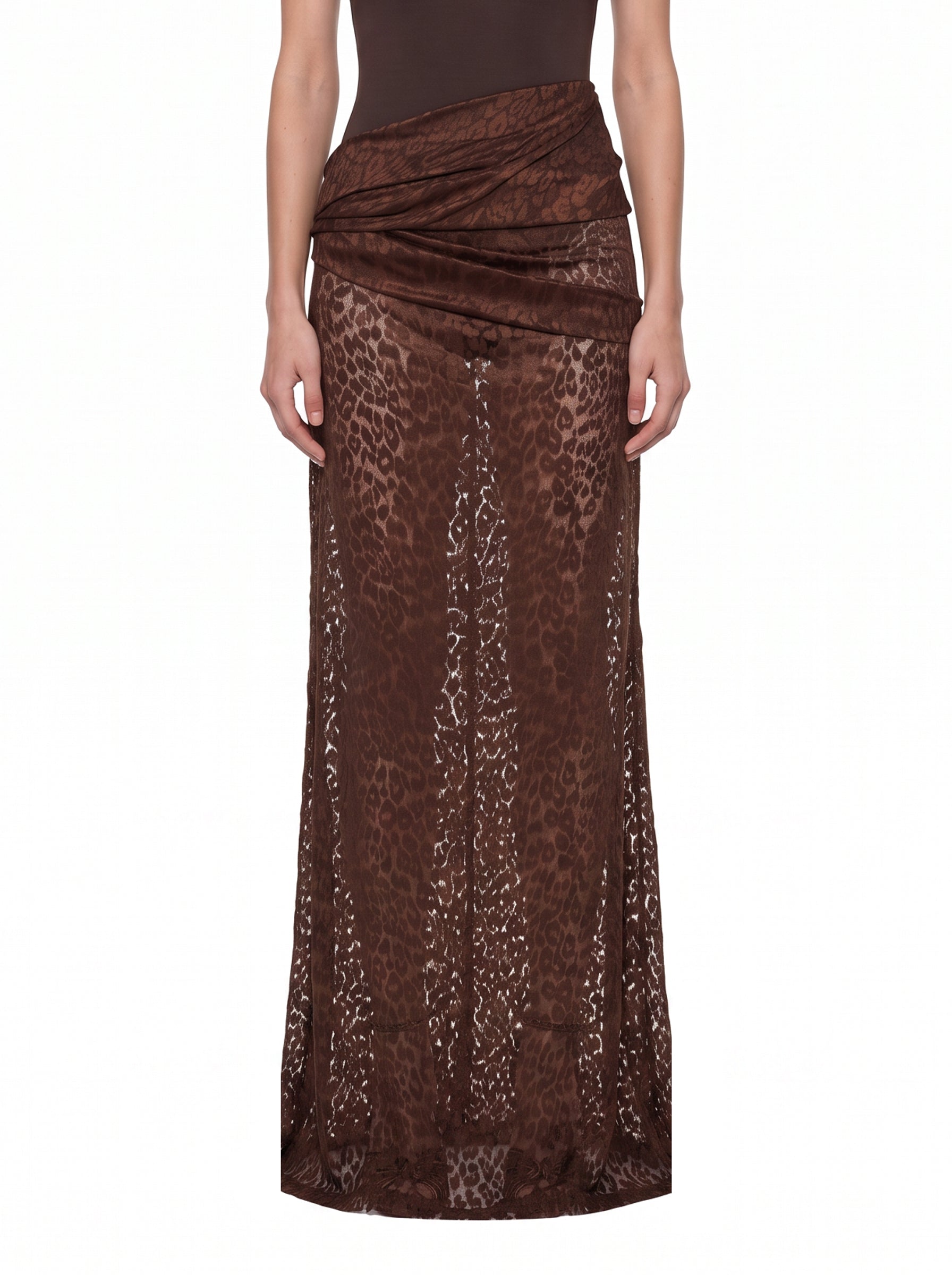 Gonna drappeggiata in pizzo leopardato marrone 