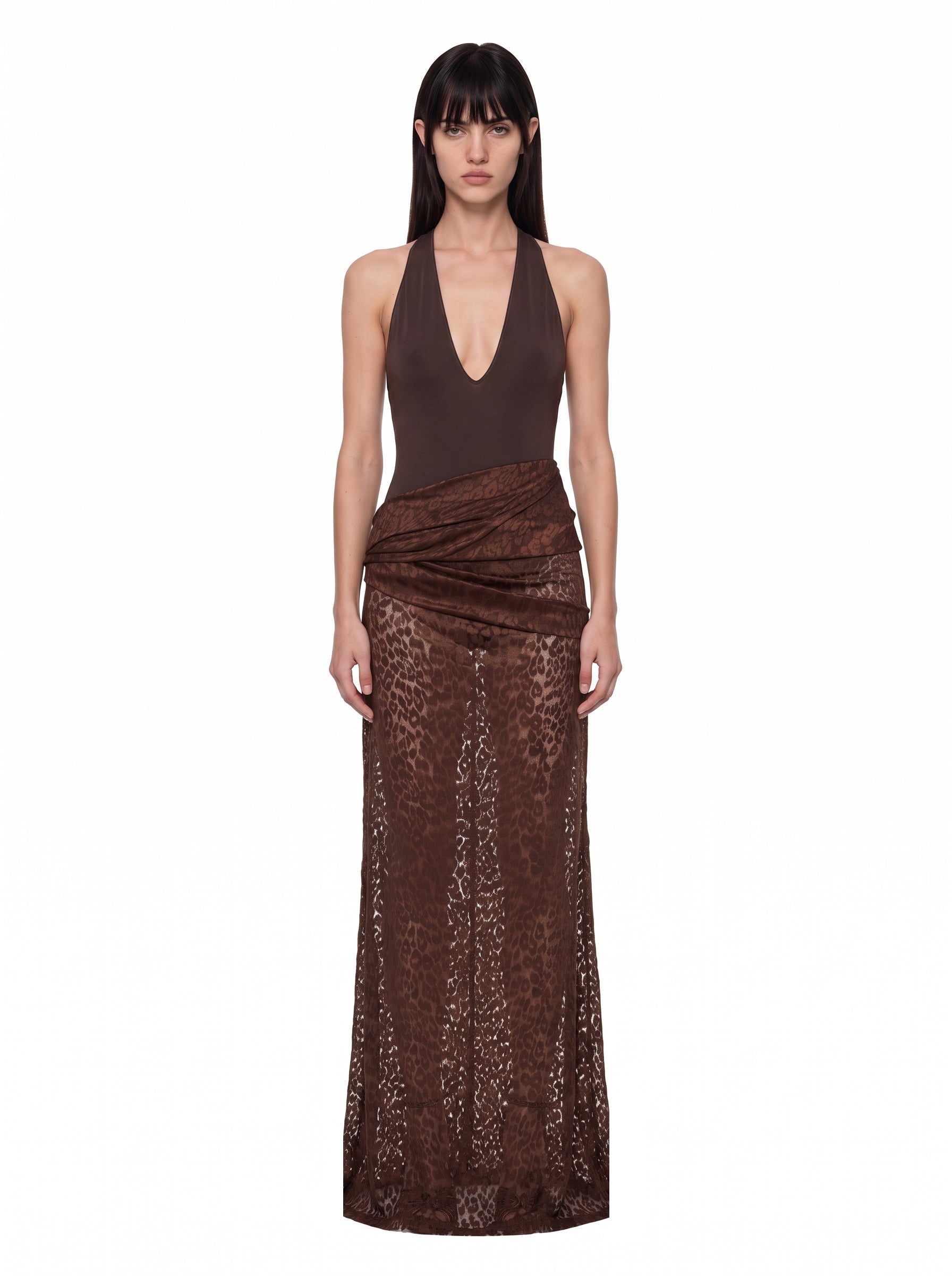 Gonna drappeggiata in pizzo leopardato marrone 