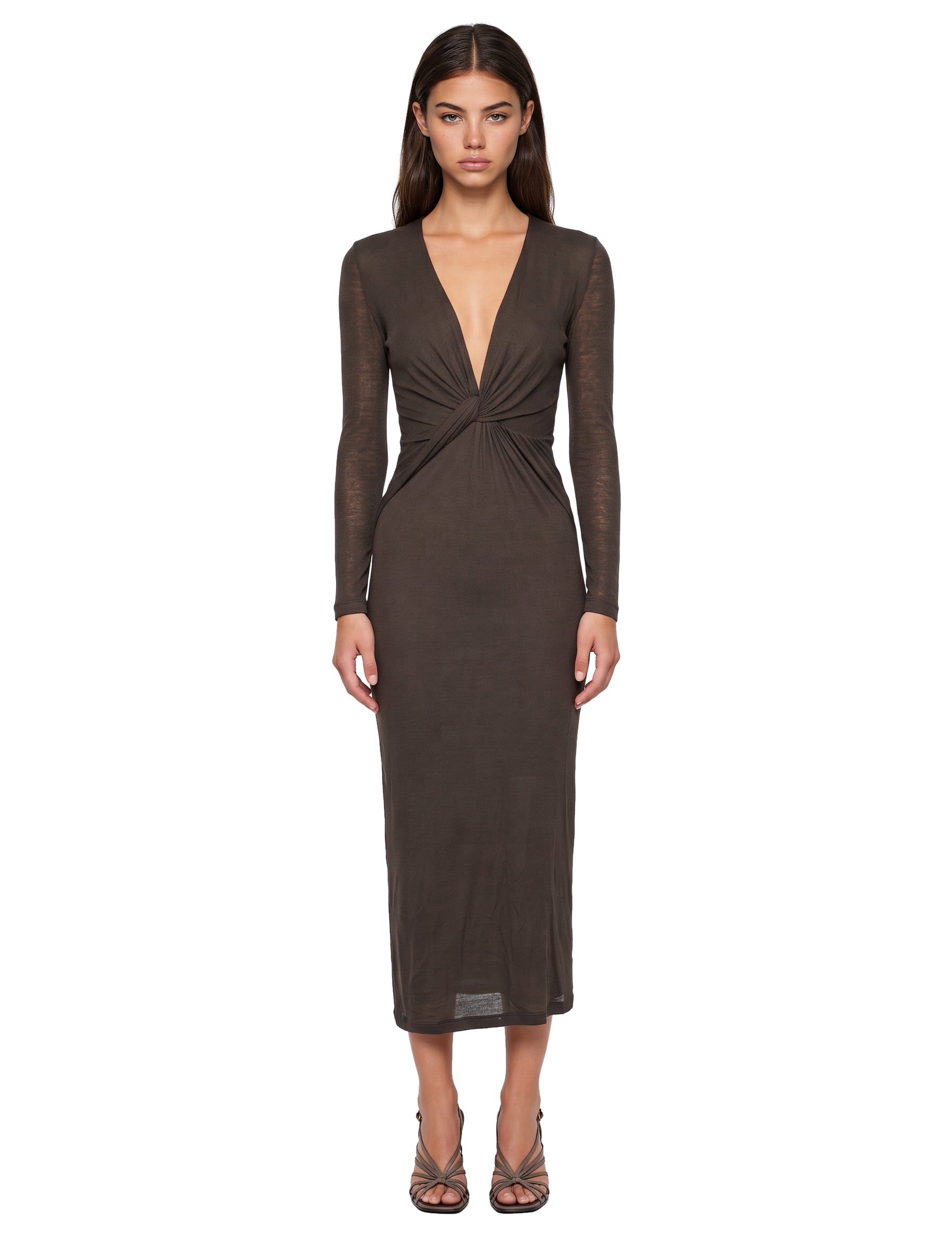 Abito con scollo a V in marrone 