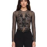 Body con schiena scoperta in mesh con ricami di perline e cristalli in nero 