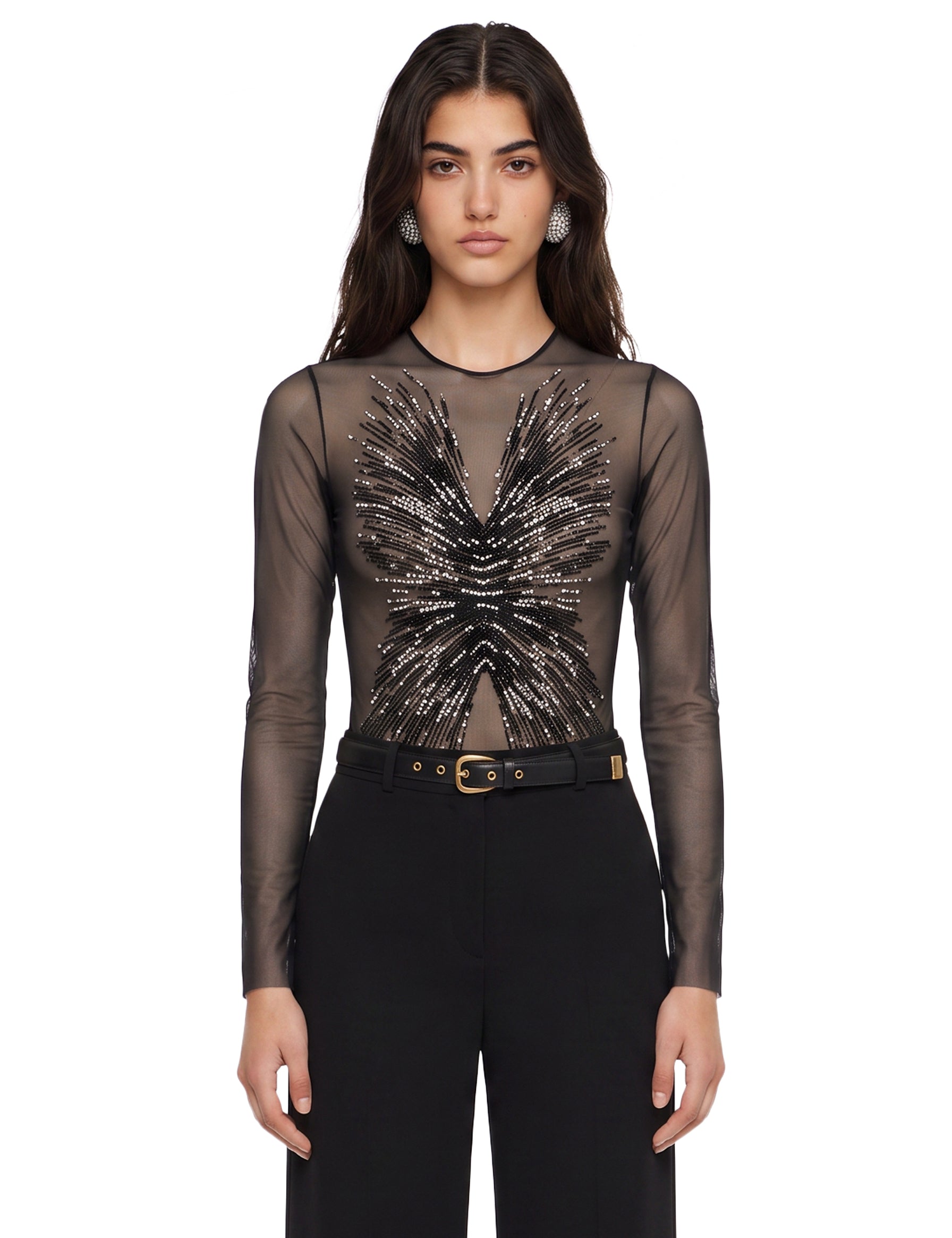 Body con schiena scoperta in mesh con ricami di perline e cristalli in nero 